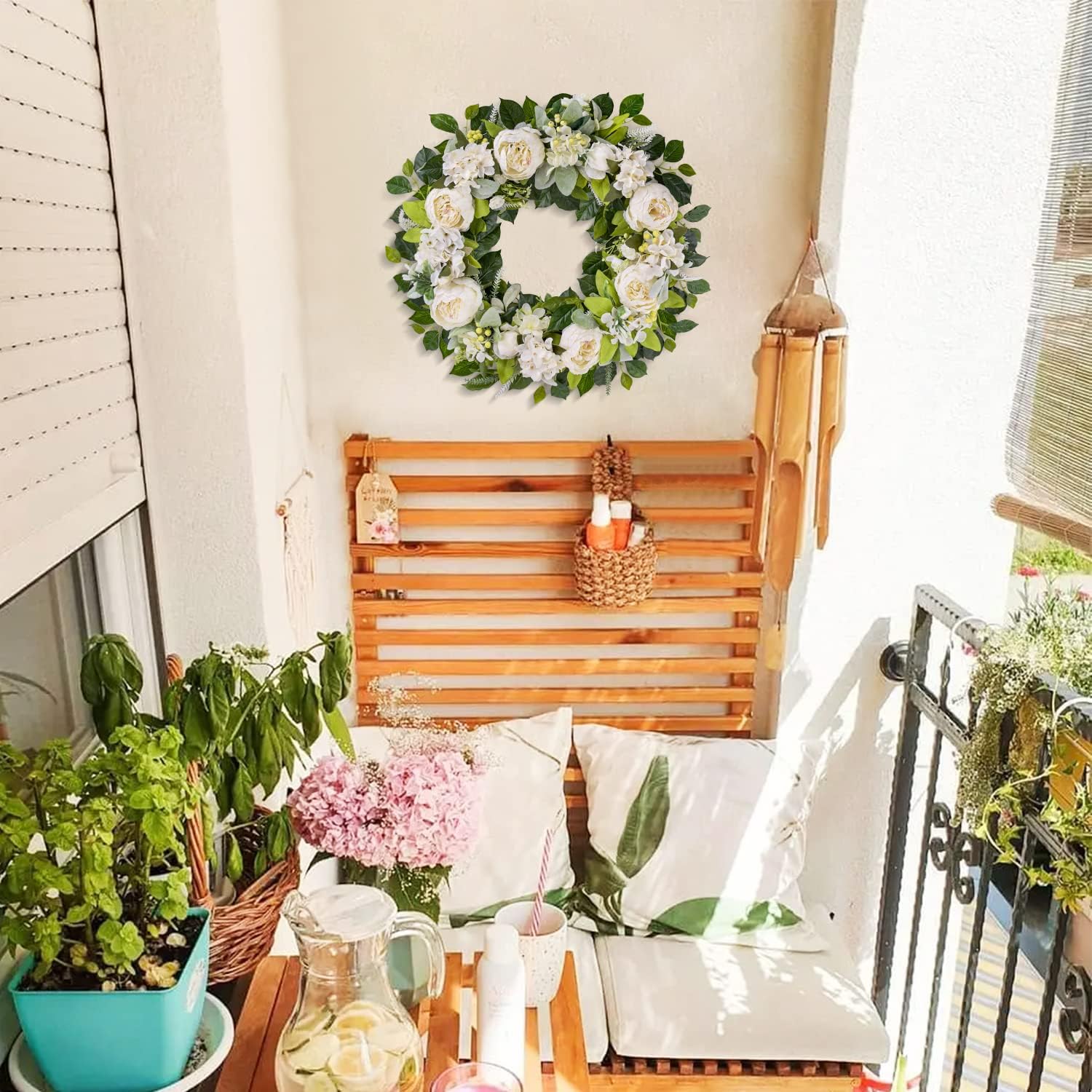 TechKen Peony Spring Wreaths for Front Door Outside 22-24 inch Handmade Artificial Blooming Flower Wreath for Indoor Outdoor Wall Window Decorations Door Wreath